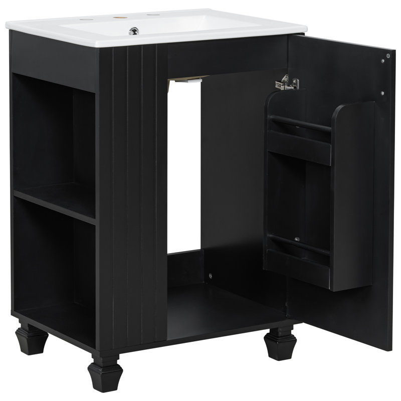 Meuble-lavabo 24 po avec plateau en céramique et tablettes ouvertes 24 po, Noir