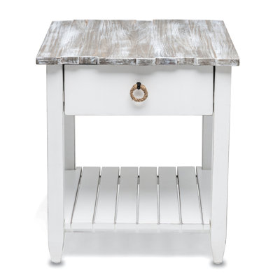 Decastro Coastal Solid Wood White Washed End Table with Storage