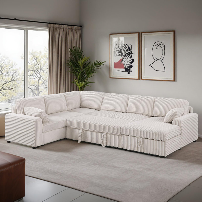 L-Shaped Sectional Sofa Bed Pull Out Sleeper Couch With Storage Chaise, Beige