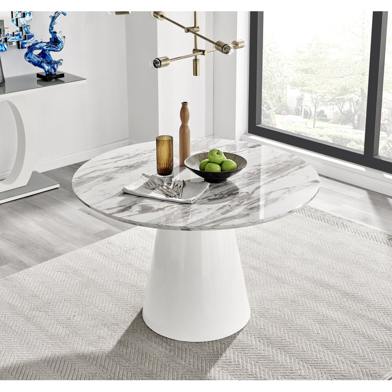Tierra Statement Pedestal Round Dining Table - Luxury Modern Design, White Marble Top/White Base