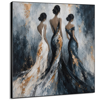 Extra Large Wall Art Fabric Print - Elegant Women in Black White Dresses with Gold Accents for Living Room or Bedroom - "Frame Assembly Required (Unfinished Frame)"