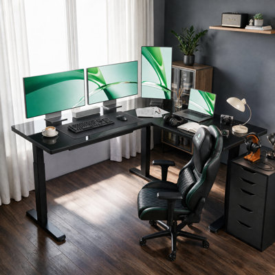 Bureau debout en L de 63 po à hauteur réglable en verre, chargement sans fil et rangement intelligent