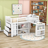 Twin Low Loft Bed With Built-In Desk, Drawer Cabinet And Shelf Cabinet