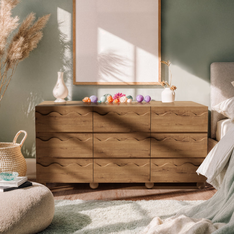 9 Drawer 63" W Circular Ripple Dresser, Natural