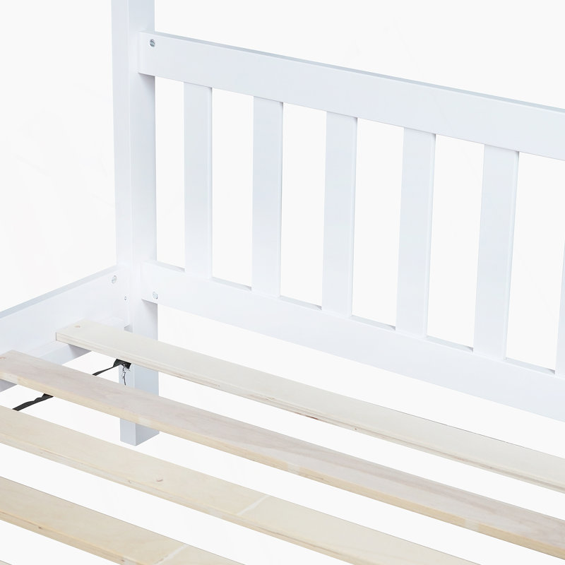 Twin Size House Bed With Roof Design, Solid Wood House Bed With Headboard And Footboard, White