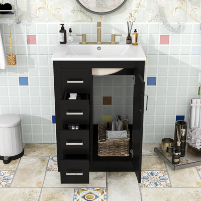 Meuble-lavabo autoportant contemporain avec lavabo en céramique, porte à fermeture en douceur et rangement spacieux