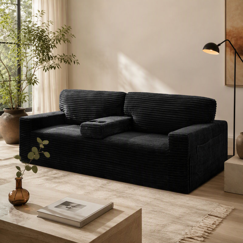 Canapé à compression 91,7 po sans pattes, velours côtelé moelleux avec porte-gobelets intégrés et poche de rangement latérale pour le salon