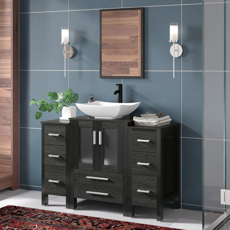 48" Double Sink Bathroom Vanity Set with Manufactured Wood Top, Vessel Sink, Faucet, Mirror Not Included, Black