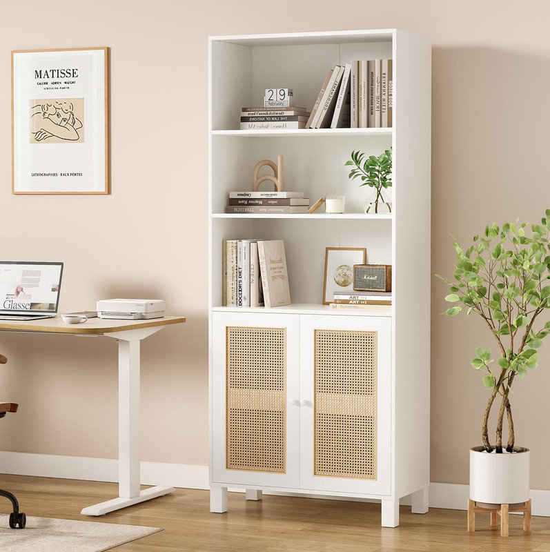Tall Bookcase with Rattan Doors, 5 Tier Storage Wood Shelves Large Bookshelf for Library, Living Room, Bedroom, Home Office - Freestanding Organizer with Adjustable Shelves, Natural Accent Cabinet