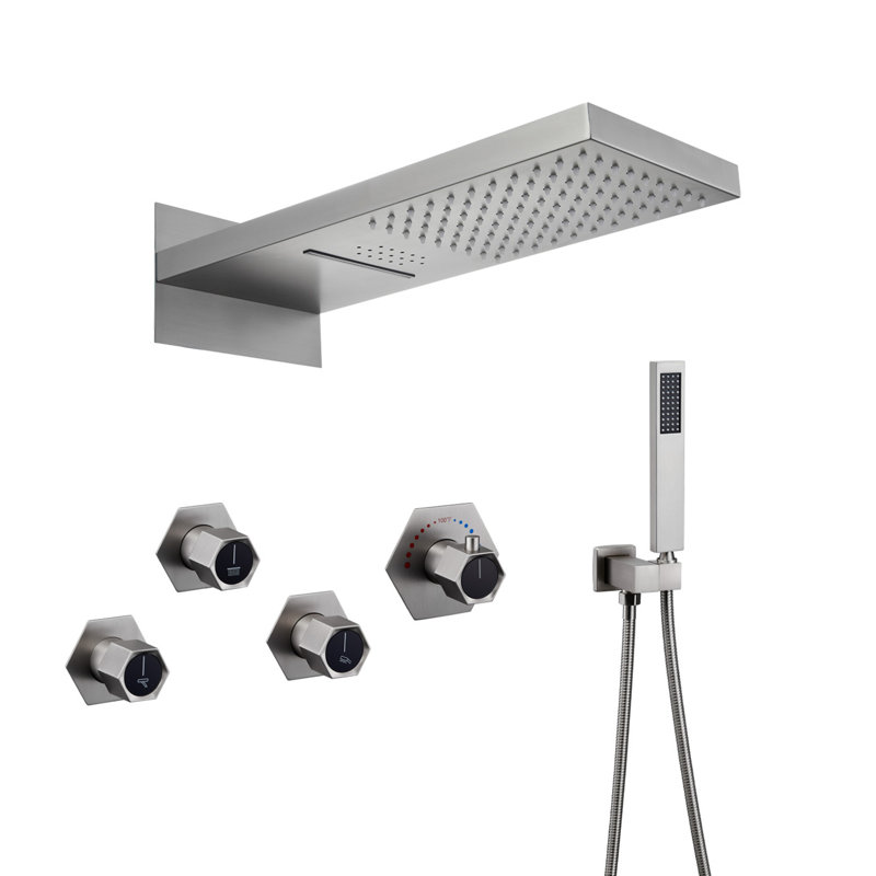 22" Wall-Mount LED Bluetooth Music Thermostatic Rainfall Complete Shower System with Rough in-Valve, Brushed Nickel