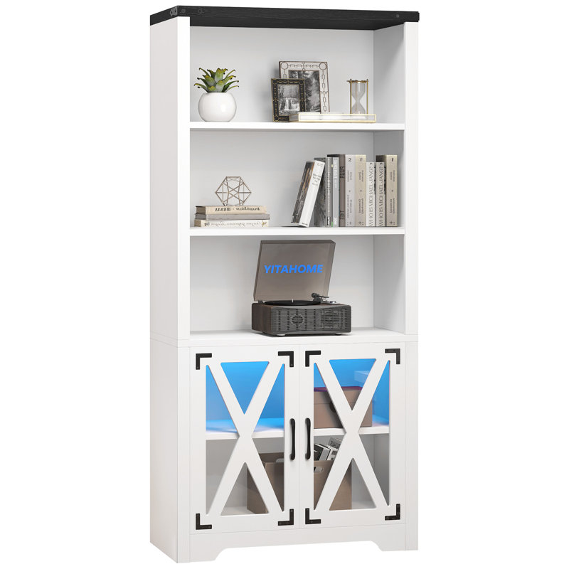 White Adjustable 5-Tier Bookcase with Doors and LED Light