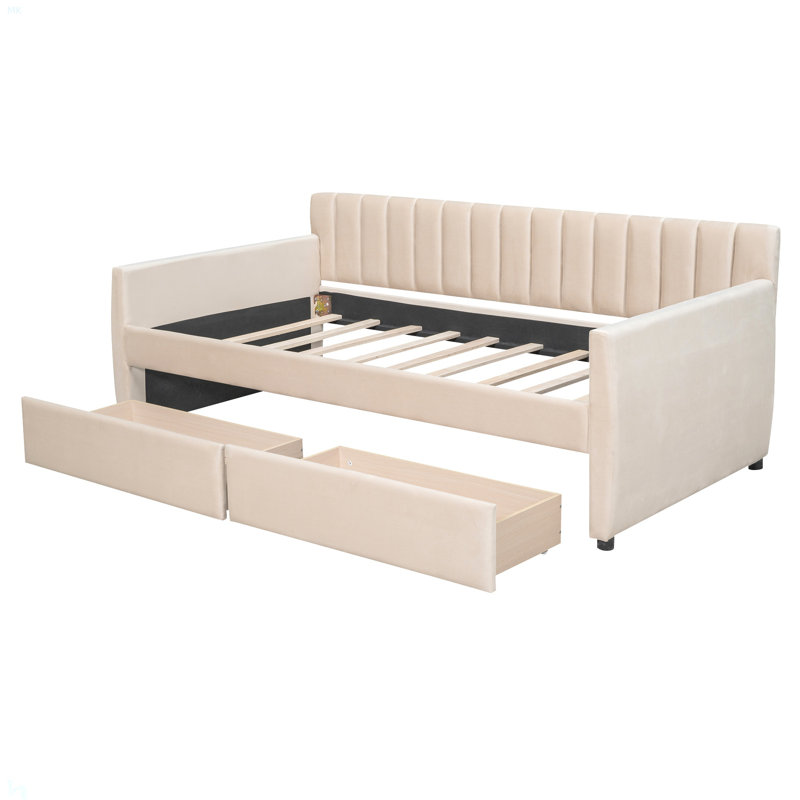Lit de jour simple tapissier avec tiroirs, support en lattes de bois, Beige