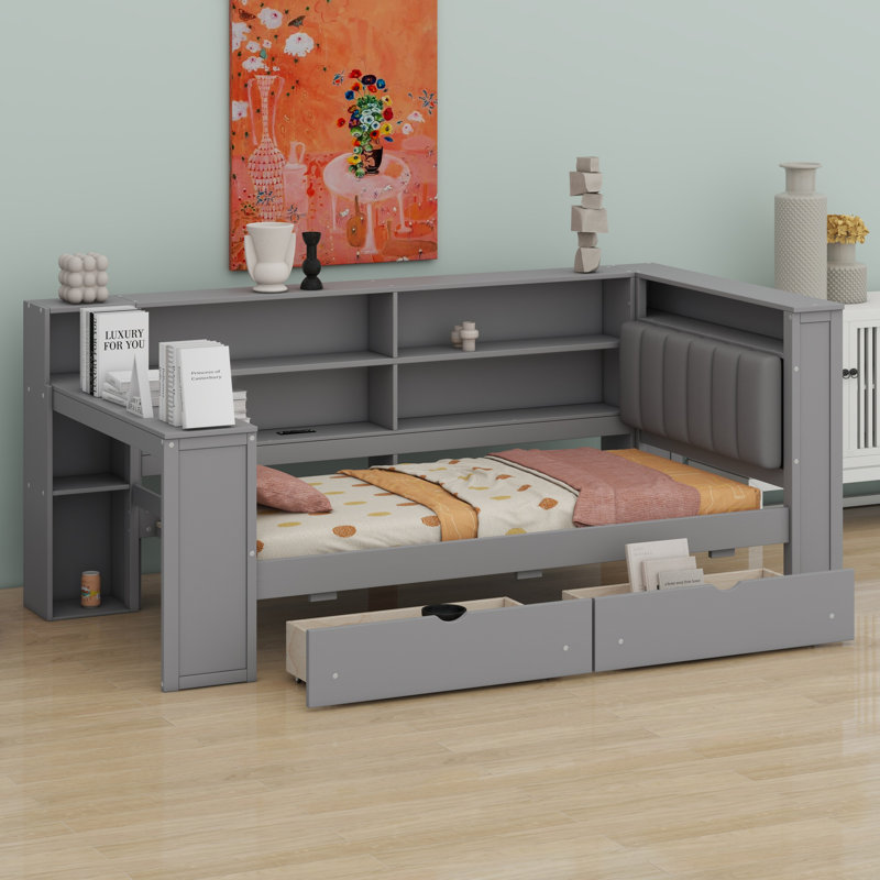 Lit plateforme en bois avec tablettes de rangement, tiroirs, station de charge, DEL, bureau et tête de lit tapissier, Simple