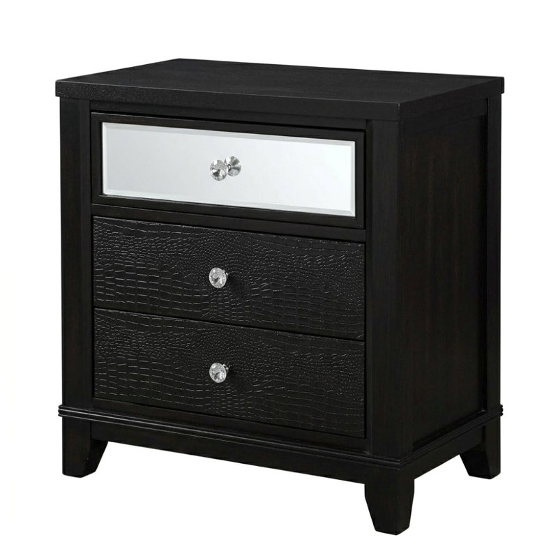 Finition noire Levy avec panneau miroir 3 tiroirs 25,5 po W Table de chevet