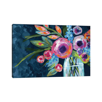 «Flowers In A Mason Jar Indigo», reproduction d'art sur toile tendue