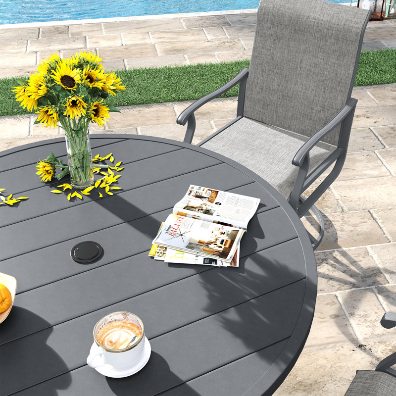 4-Person Patio Dining Set with Metal Round Dining Table and PVC-coated polyester Swivel Chairs, Gray/Gray
