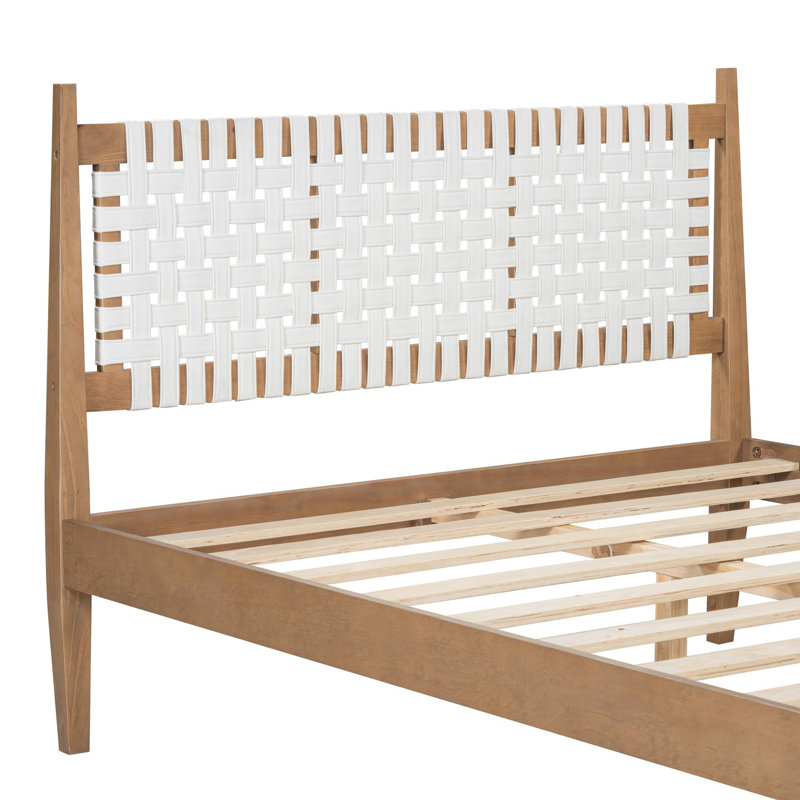 Grand lit avec dossier en cuir blanc tissé, structure en bois naturel