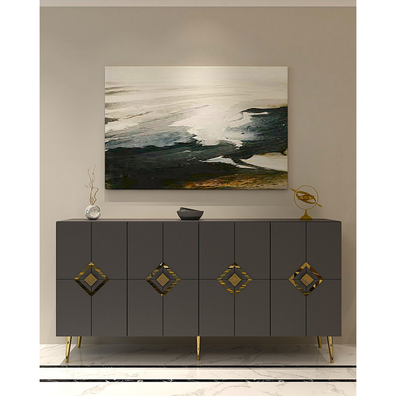 Modern Console Table with Wall-Mount Option, Anthracite & Gold, 100% Melamine Coated Particle Board, Thickness: 0.7 inches | Multiple Shelves for Stylish Storage, Sleek Geometric Design