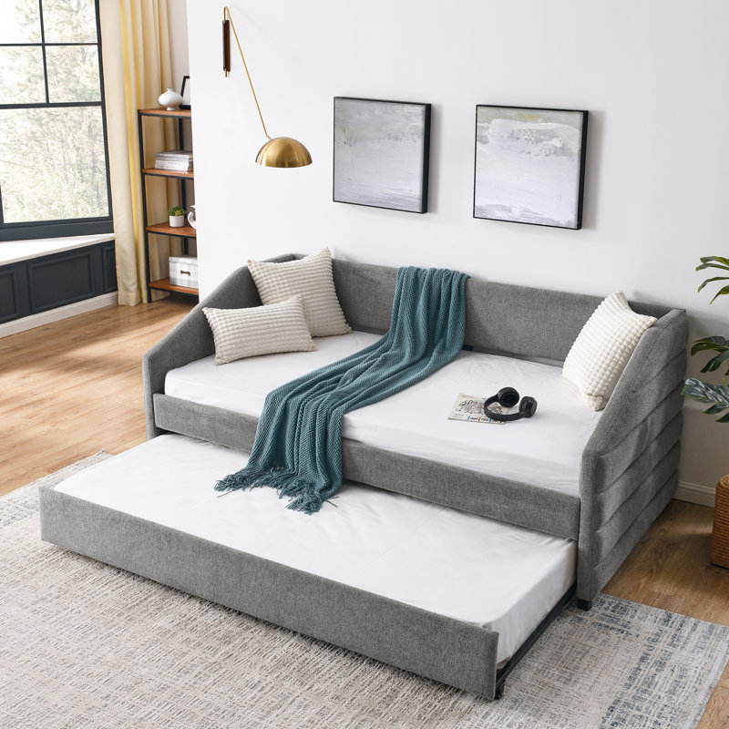 Lit de jour simple avec canapé-lit capitonné et rembourré, tissu en lin, Grey