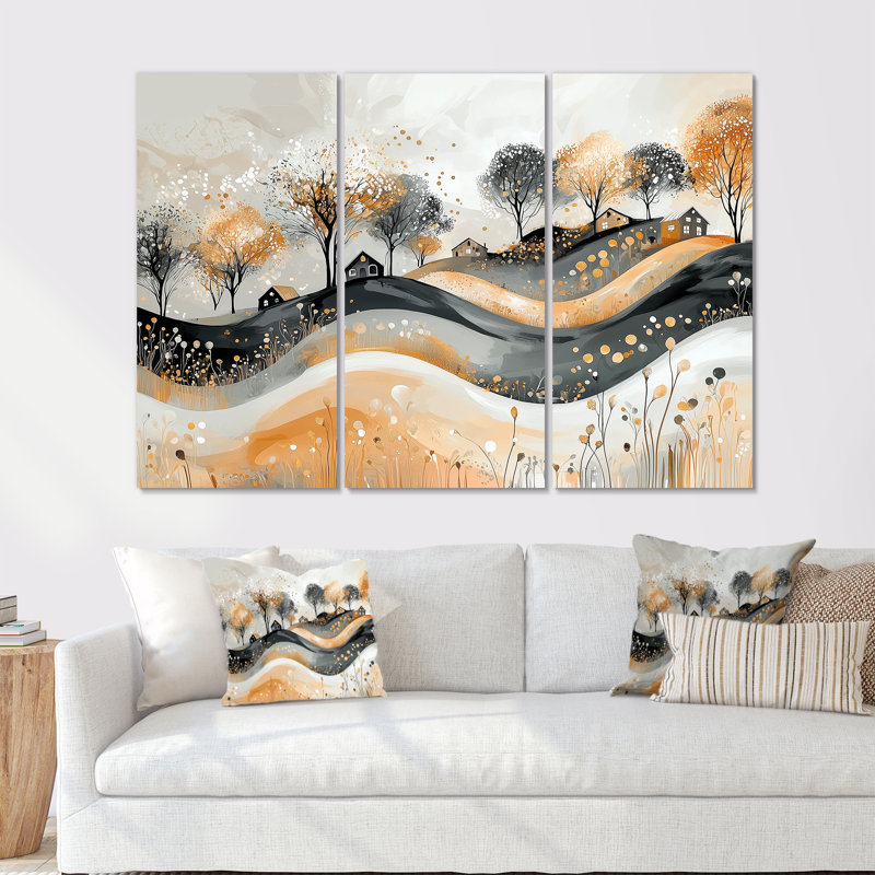 Paysage abstrait en gris et or - ensemble d'art mural paysages abstraits, Toile tendue, H 40 po x l 60 po x P 1 po