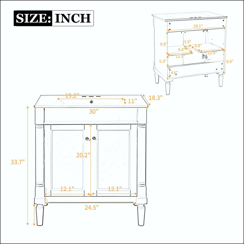 Meuble-lavabo de 30 po avec élégance française et tablette réglable, Green/Gold