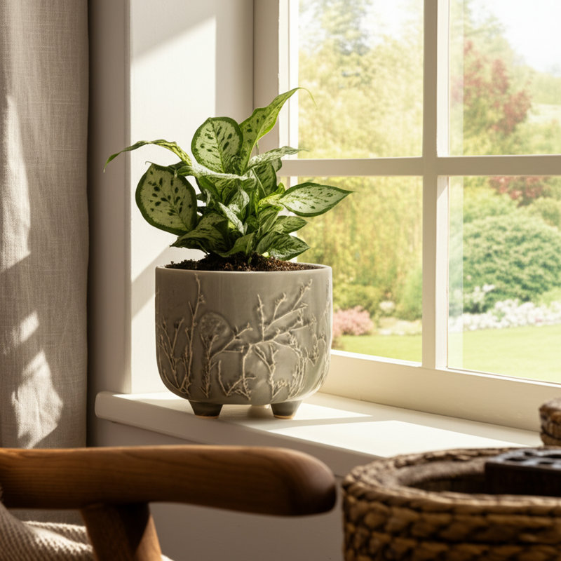 Ceramic Stoneware Planter With Raised Botanical Texture And Footed Base - Modern Decorative Garden Accent