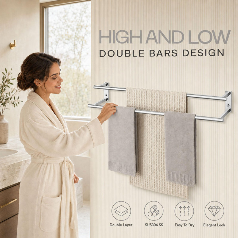 Double barre à serviettes 28 po pour salle de bain murale, chrome poli, Polished Chrome