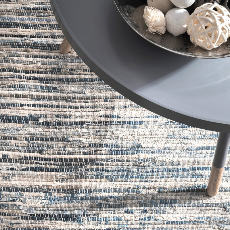 Tapis en coton rayé bleu, ivoire et crème crocheté à la main Brolin, Rectangle 8 pi 6 po x 11 pi 6 po