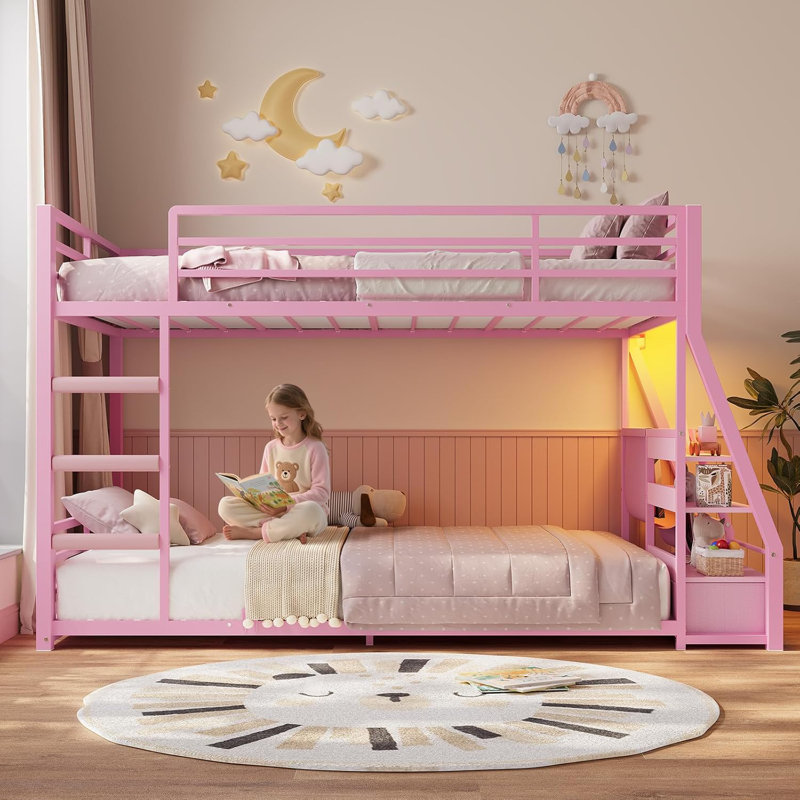 Low Bunk Bed With Sling Bookshelves, Storage Drawers & Power Outlet, Led Metal Floor Bunk Twin Over Twin With Full-length Guardrail & Metal Slats