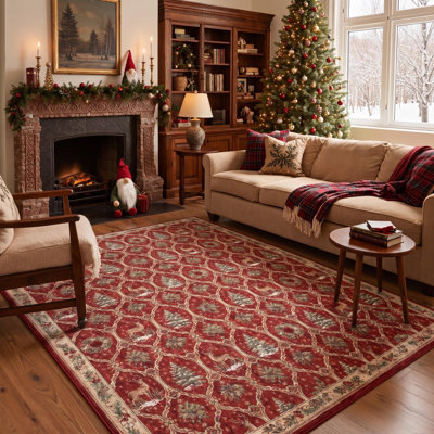 Tapis de chambre lavable à poils courts, motif d'animaux de Noël : rennes et couronnes, rouge et vert
