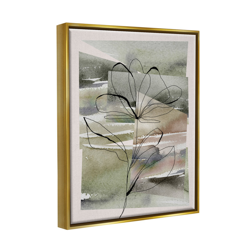 Contour de fleur sur fond vert sur toile, Cadre flottant métallique doré, H 21 po x l 17 po