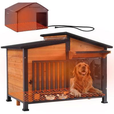 Heated Dog House Outdoor Large Dog Kennel with All-Around Heavy-Duty Iron Frame,Weatherproof Dog Cage with Insulated Liner for Small & Medium & Large Dogs in Winter,Heater Include