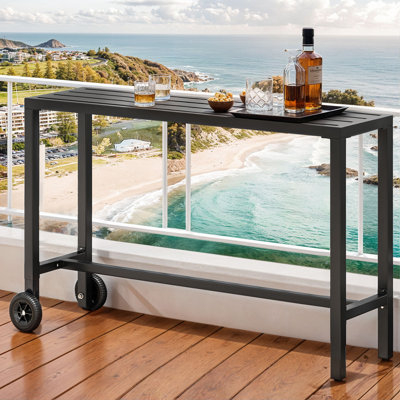 Table rectangulaire à hauteur de bar extérieure en métal avec roulettes verrouillables, noir