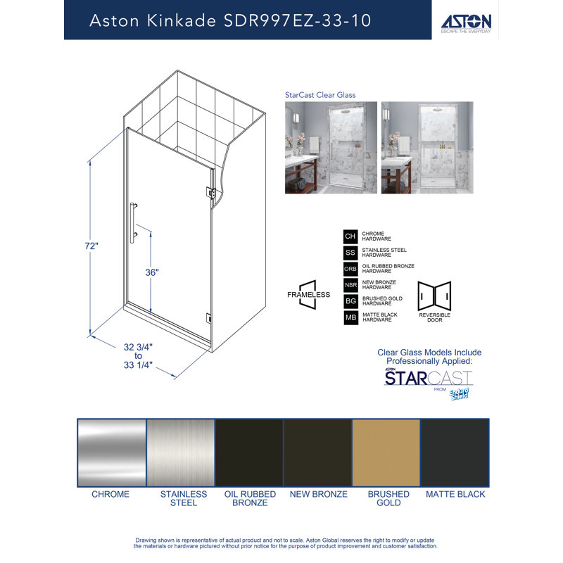 Kinkade 32.75" - 33.25" W x 72" H Frameless Hinged Shower Door, Stainless Steel