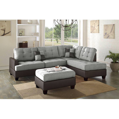 Contemporary Sectional Sofa Grey Polyfiber Linen Like Fabric Cushion Tufted Reversible 3Pc Sectional Sofa L/R Chaise Ottoman Living Room Furniture Pillows