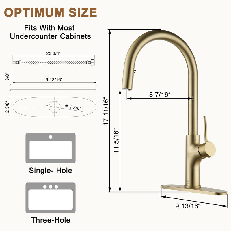 CASAINC 1.8 GPM Single-Handle Pull-Down Kitchen Faucet Single Hole with Deck Plate, Brushed Gold