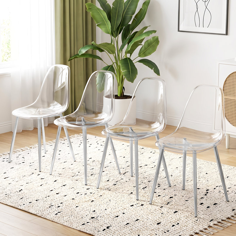 Chaises de salle à manger modernes en plastique transparent, chaises latérales transparentes sans accoudoirs avec dossier incurvé et pieds en métal