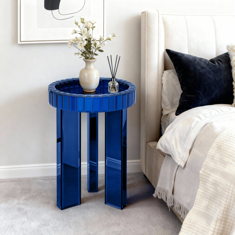 Round Glass Side Table With Tray Top Sofa Table , Blue