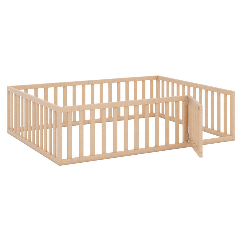 Structure de lit en bois avec clôture et porte, Naturel, Grand