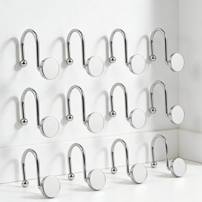 Chrome Shower Curtain Hooks 12 Pack – Polished Silver Round Button Design, Heavy Duty Rustproof Metal Rings, Smooth Glide For Bathroom Shower Rod, Modern Simple Decorative Hangers