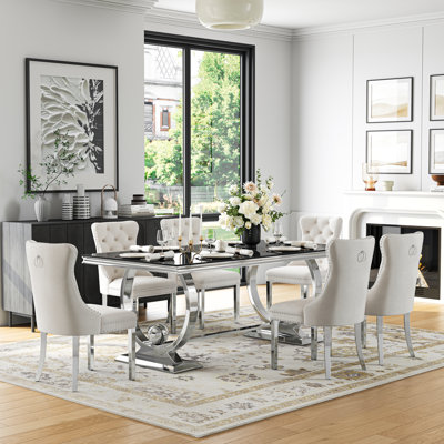 69" Glass Dining Table Set Of 7, Double U-Shaped Polished Stainless Steel Base, 10Mm Thick Tempered Glass Top And Velvet Upholstered Nailhead Chairs