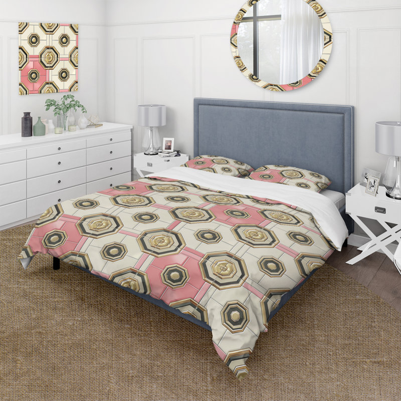 Ensemble de housse de couette doré rose Midcentury - Midcentury, Housse de couette très grand + 2 taies décorativ