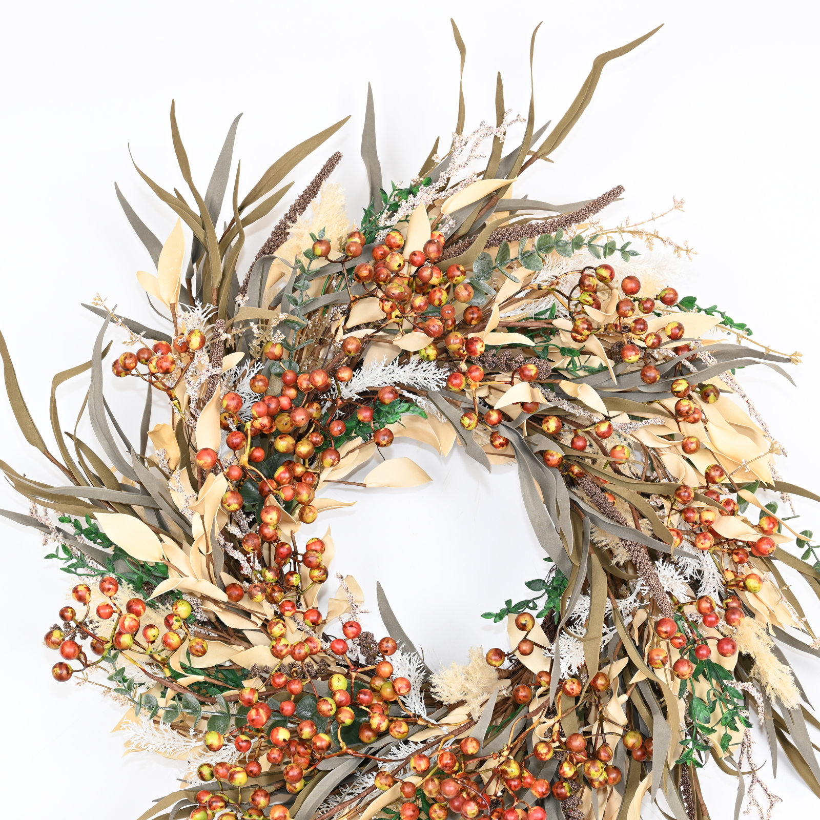 24" Handcrafted Grass, Berry Thanksgiving Wreath, Brown