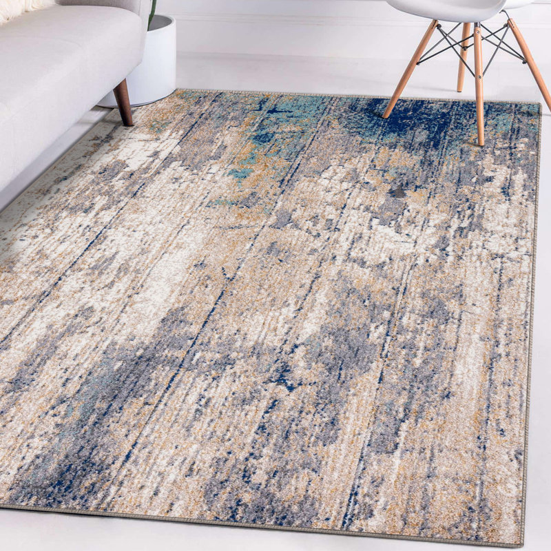 Tapis abstrait bleu / gris Elrosa, Rectangle 7 pi 5 po x 10 pi 4 po