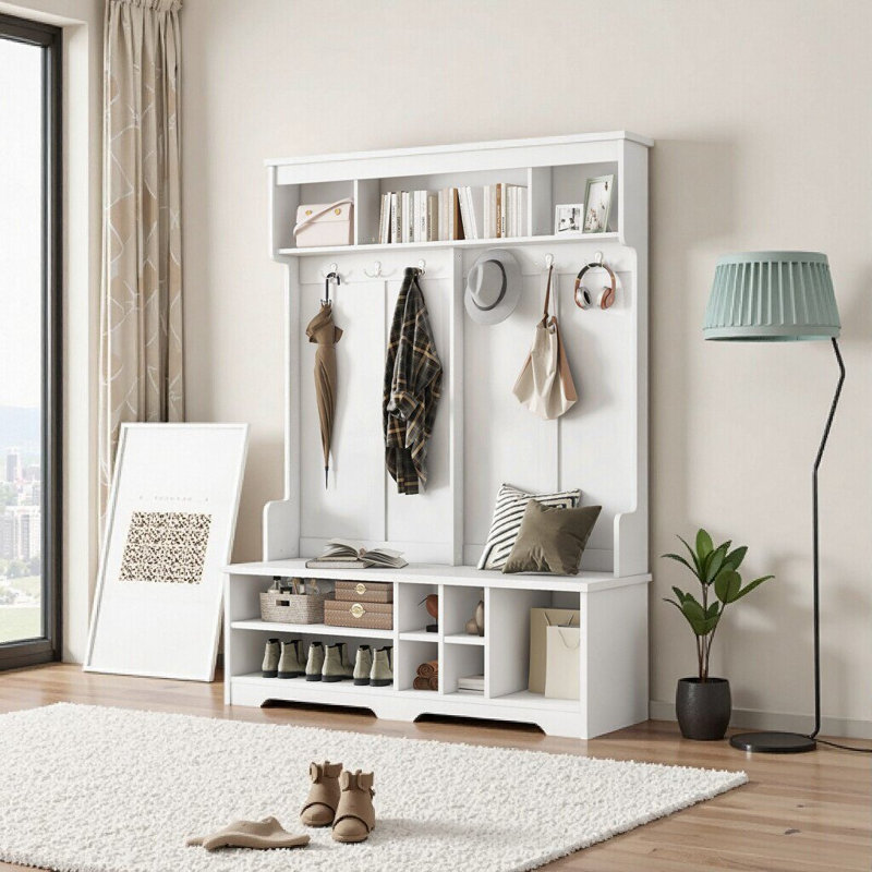 Arbre d'entrée moderne blanc avec banc de rangement, 6 crochets en métal et casiers à chaussures, Blanc