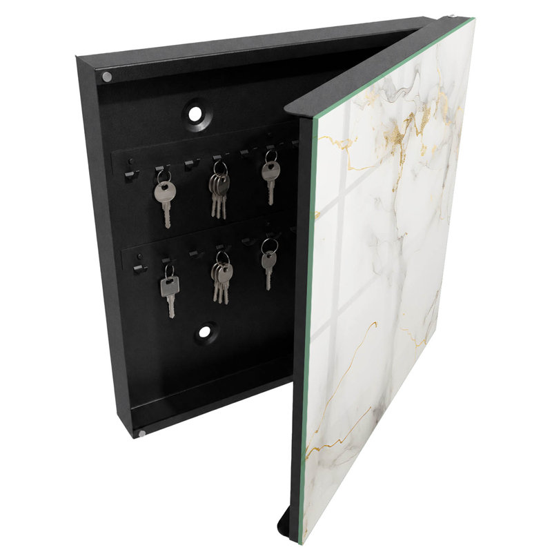 Decorative key box for wall, Opens to the left, 30x30x5, White, An elegant marble composition without unnecessary decorations, 