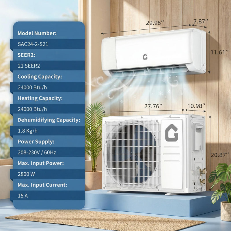 Mini climatiseur et thermopompe 24 000 BTU, système inverseur 21 SEER2 avec Wi-Fi, combo AC / Heat sans conduit, refroidit jusqu'à 1500 pieds carrés. pi, trousse d'installation complète incluse, 208-230 V, faible bruit.