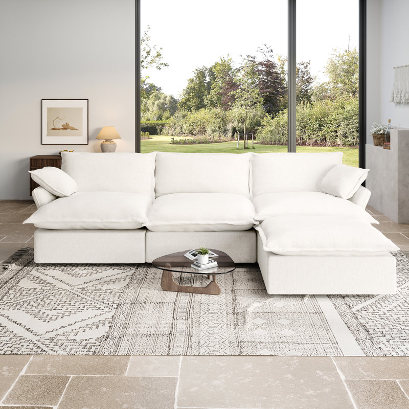 Rinnes 111'' Upholstered Sofa, Modular Sectional Sofa Cloud Sofa with Ottoman 4 Seat Down Fill Cushions Soft Couches for Living Room, Linen Blend