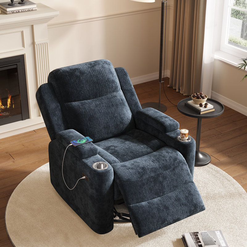 34.84" Wide Soft Chenille Power Recliner Chair with Swivel Function, Double Cup Holders and USB, Type-C Ports, Navy