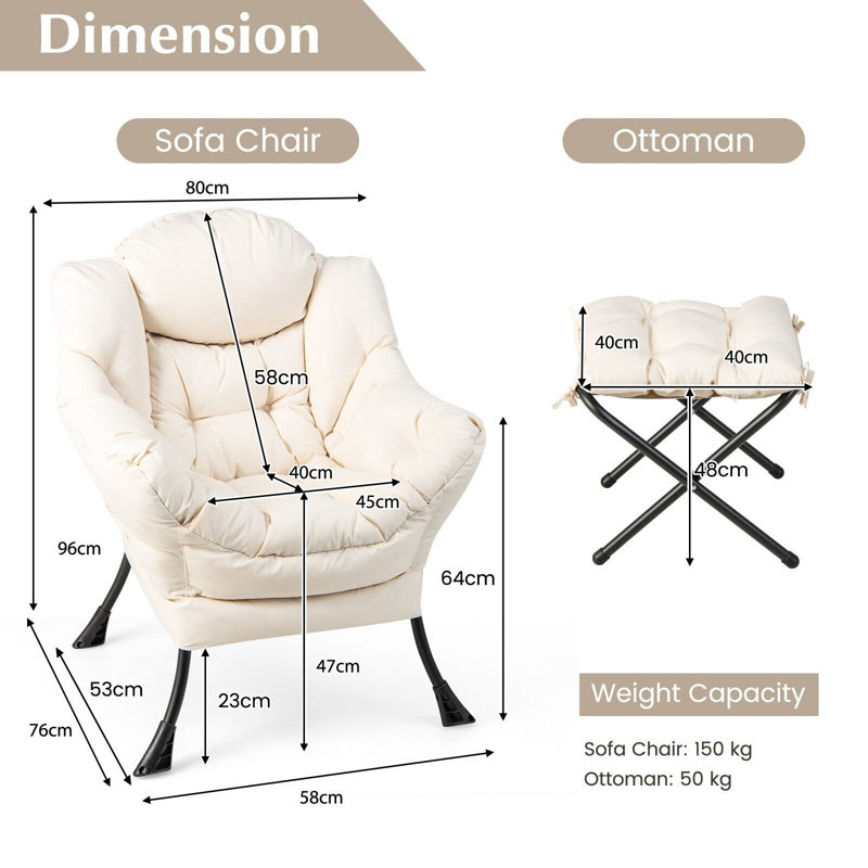 Upholstered Armchair With Footstool, 96cm H x 80cm W x 76cm D, White Polyester